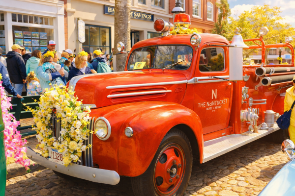 Community celebration with decorated fire truck
